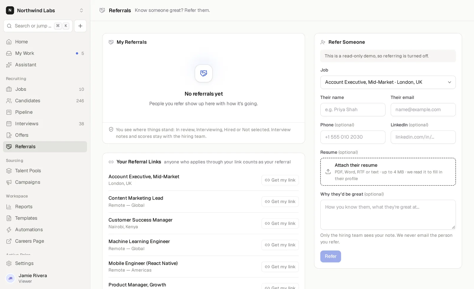 Otter Referrals page with personal referral links and the Refer Someone form, from the Northwind Labs demo workspace