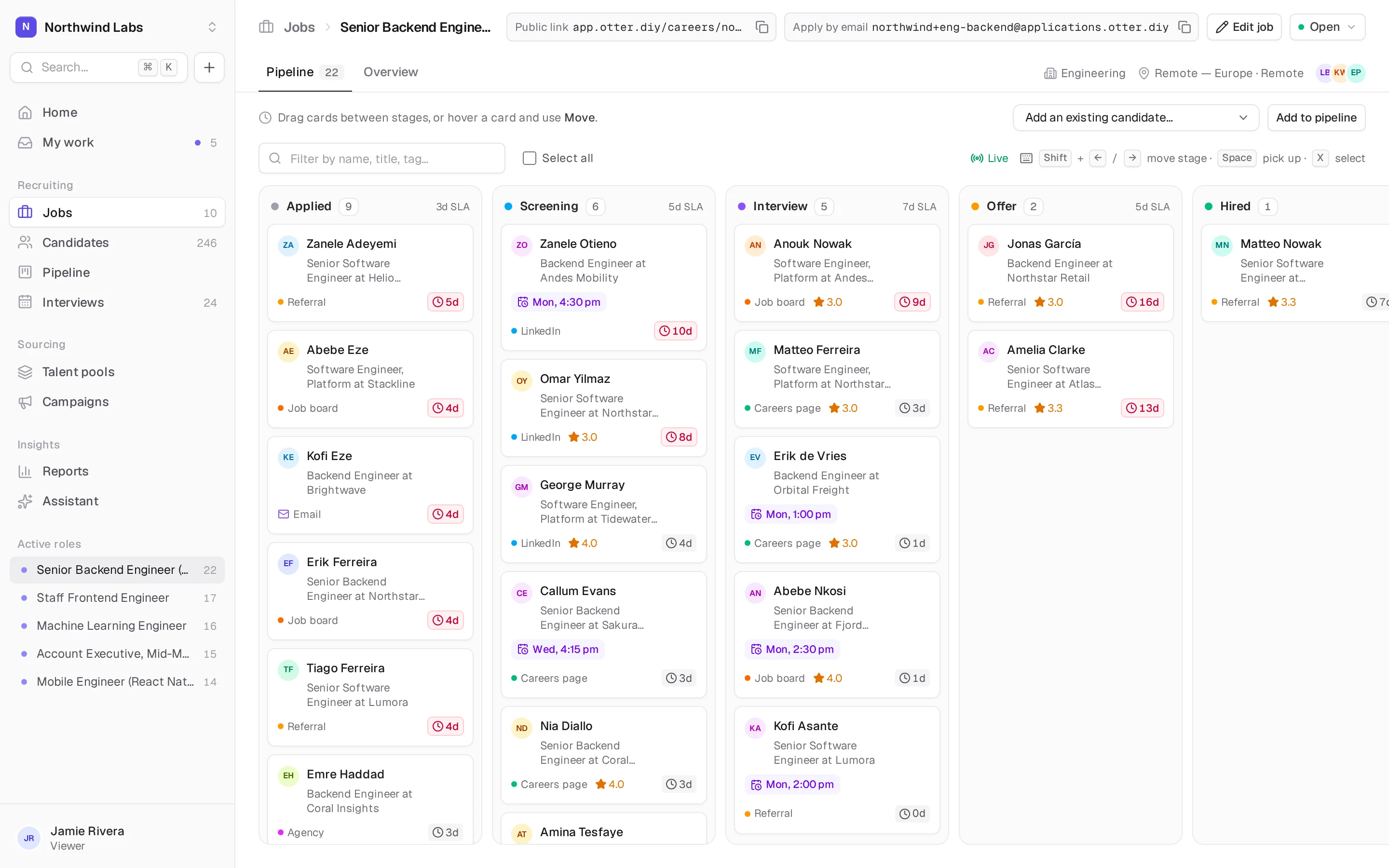 Otter pipeline board for a Senior Backend Engineer role in the Northwind Labs sample workspace, with candidates in Applied, Screening, Interview, Offer and Hired