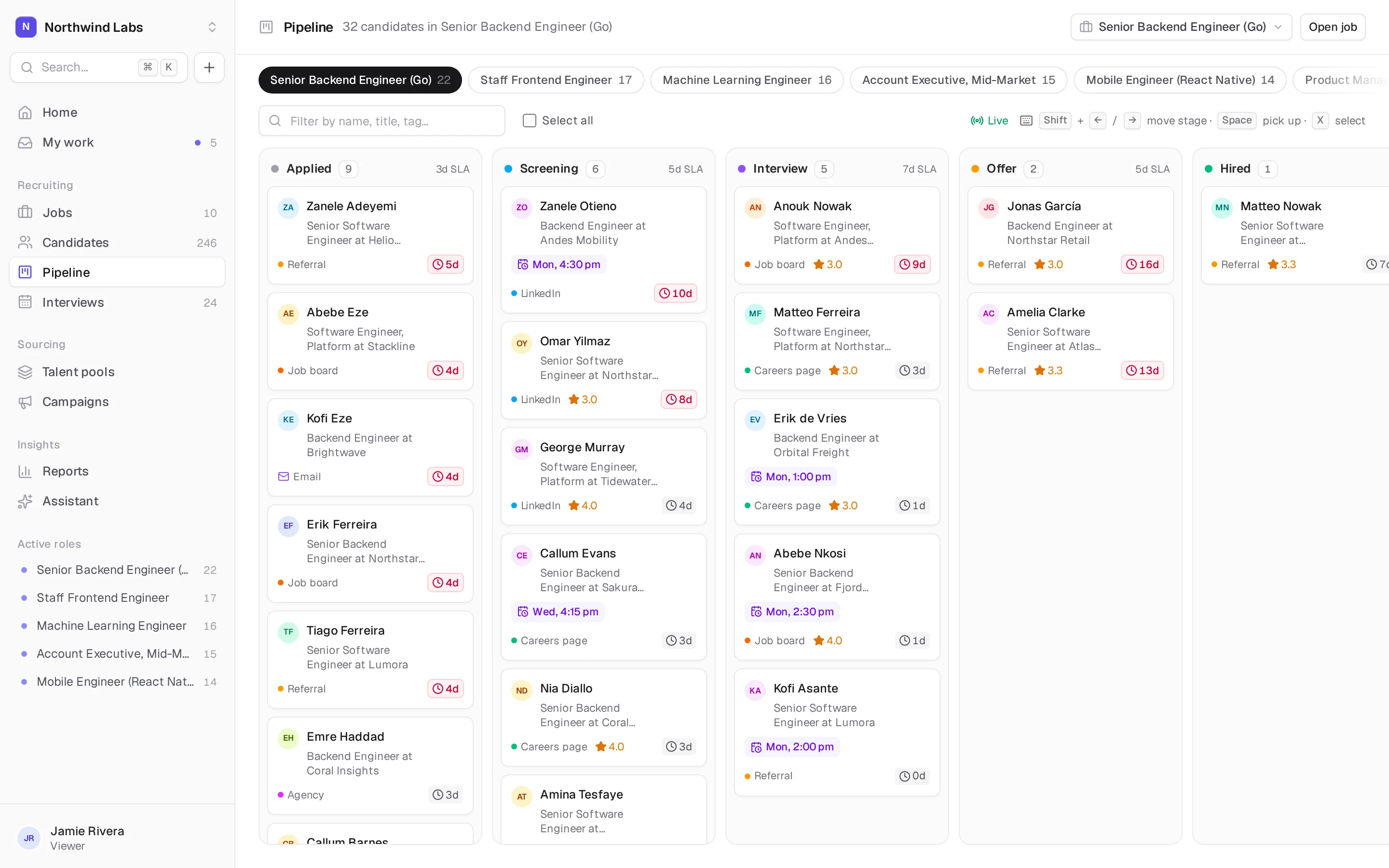 Otter pipeline board for a Senior Backend Engineer role, with candidates in Applied, Screening, Interview, Offer and Hired columns