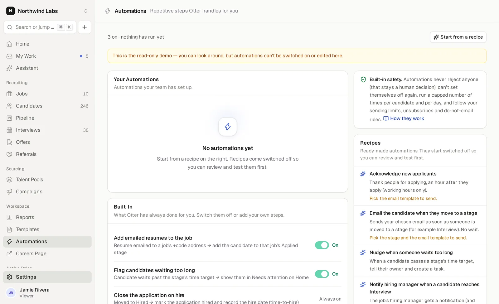 Otter Automations settings: built-in automations, recipes and the safety note, from the Northwind Labs demo workspace