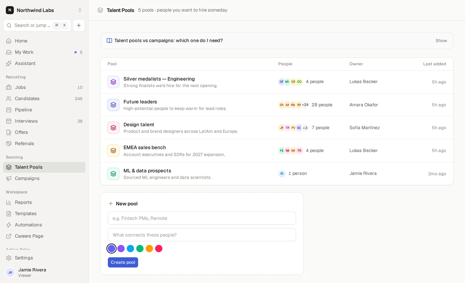 Otter Talent Pools list with five pools, from the Northwind Labs demo workspace
